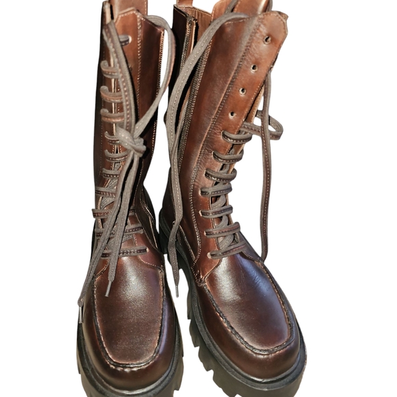 Free People (New) Brown Leather Zip-Up Boots Size 8 - Picture 1 of 6